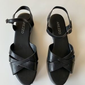 Arezzo black leather platform sandals, size 10